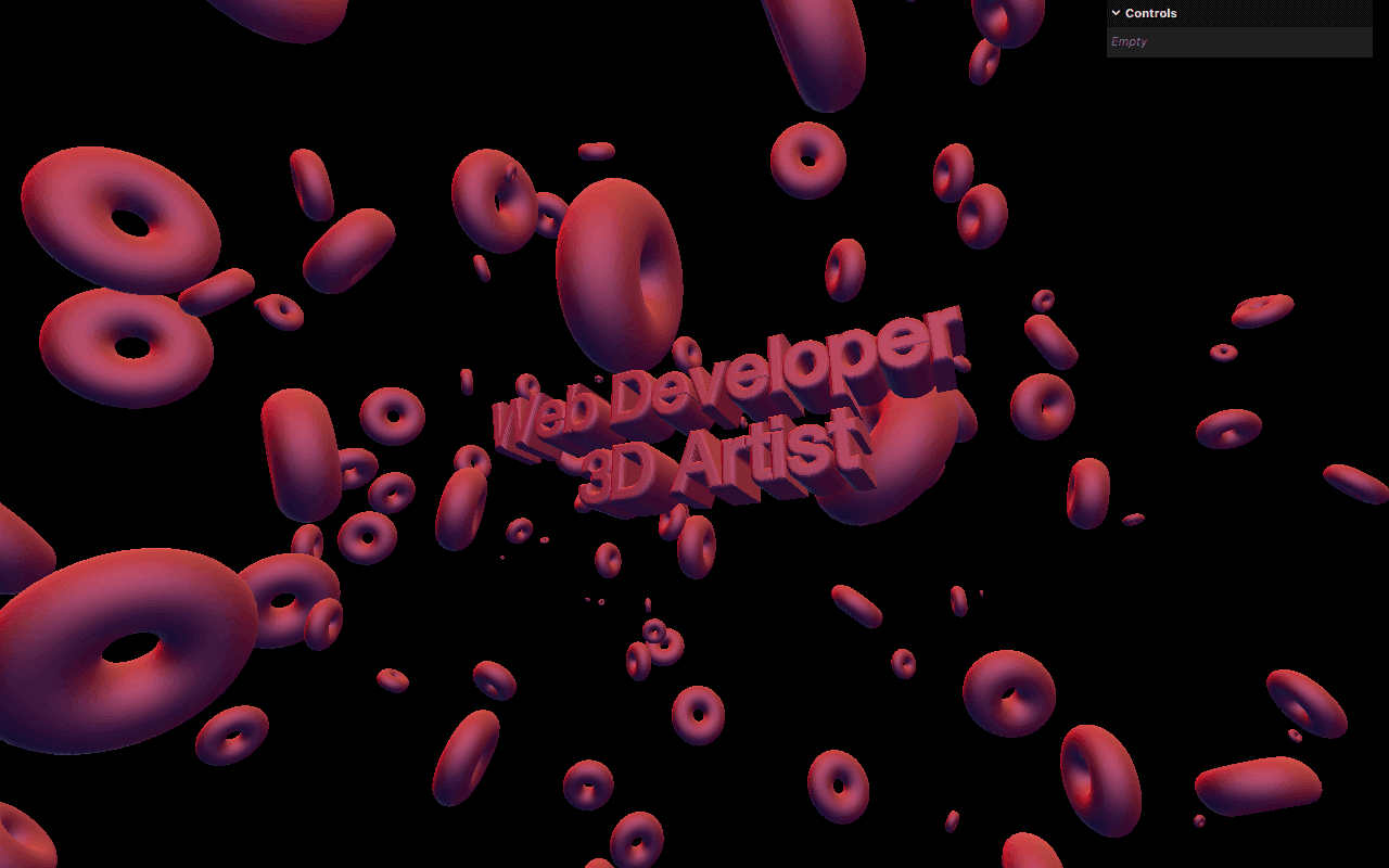 3D text suspended in a dark background sprinkled with donuts. Click to try it yourself!