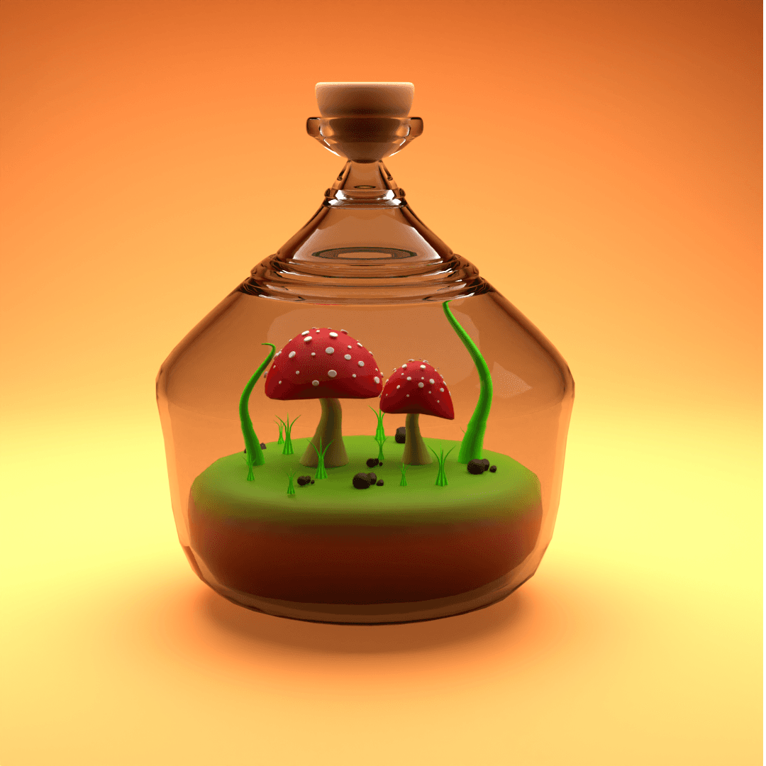 Fly Agaric mushrooms with red caps encased in glass.